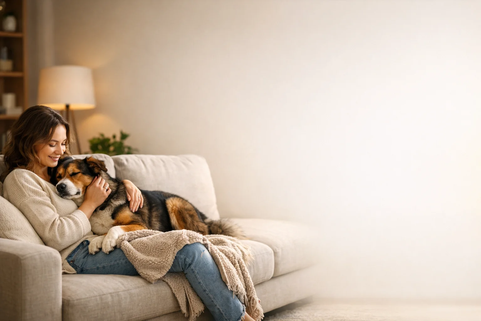 Woman relaxing with her emotional support dog at home